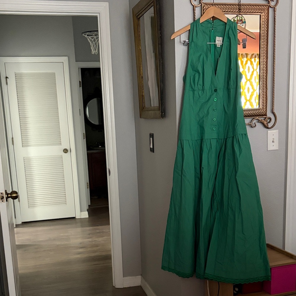 NWT Anthropologie Maeve Green (Clover) Drop Waist Halter maxi Dress. Sz M